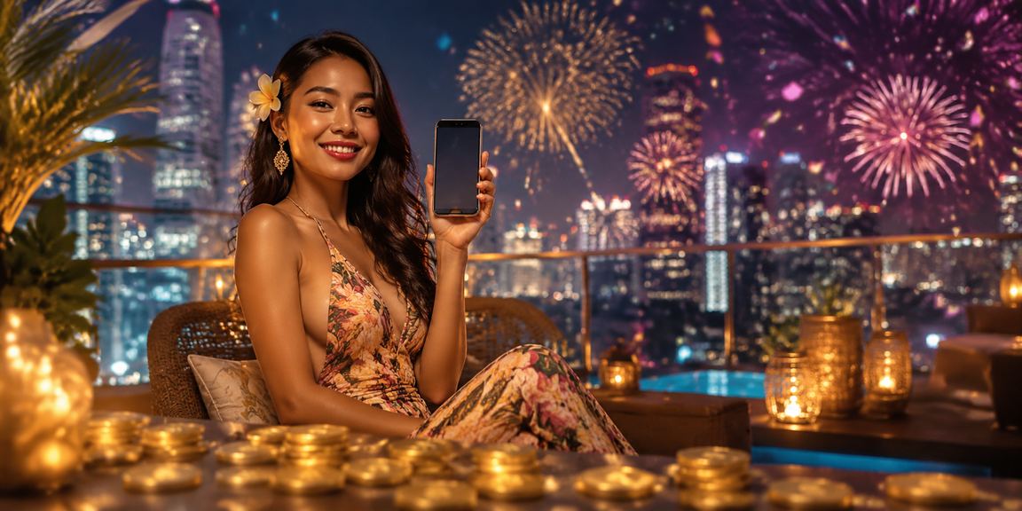 Suasana festival dengan orang bermain casino mobile di smartphone