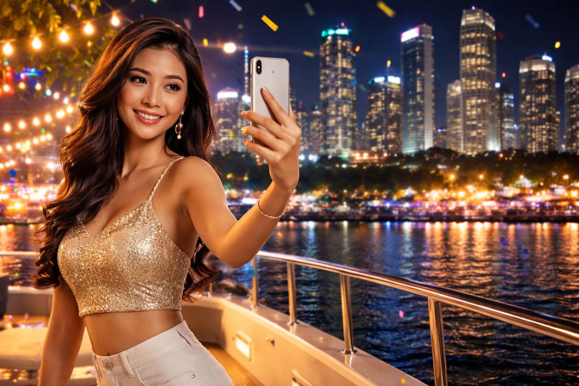 Pengunjung pasar malam menggunakan ponsel untuk bermain casino mobile